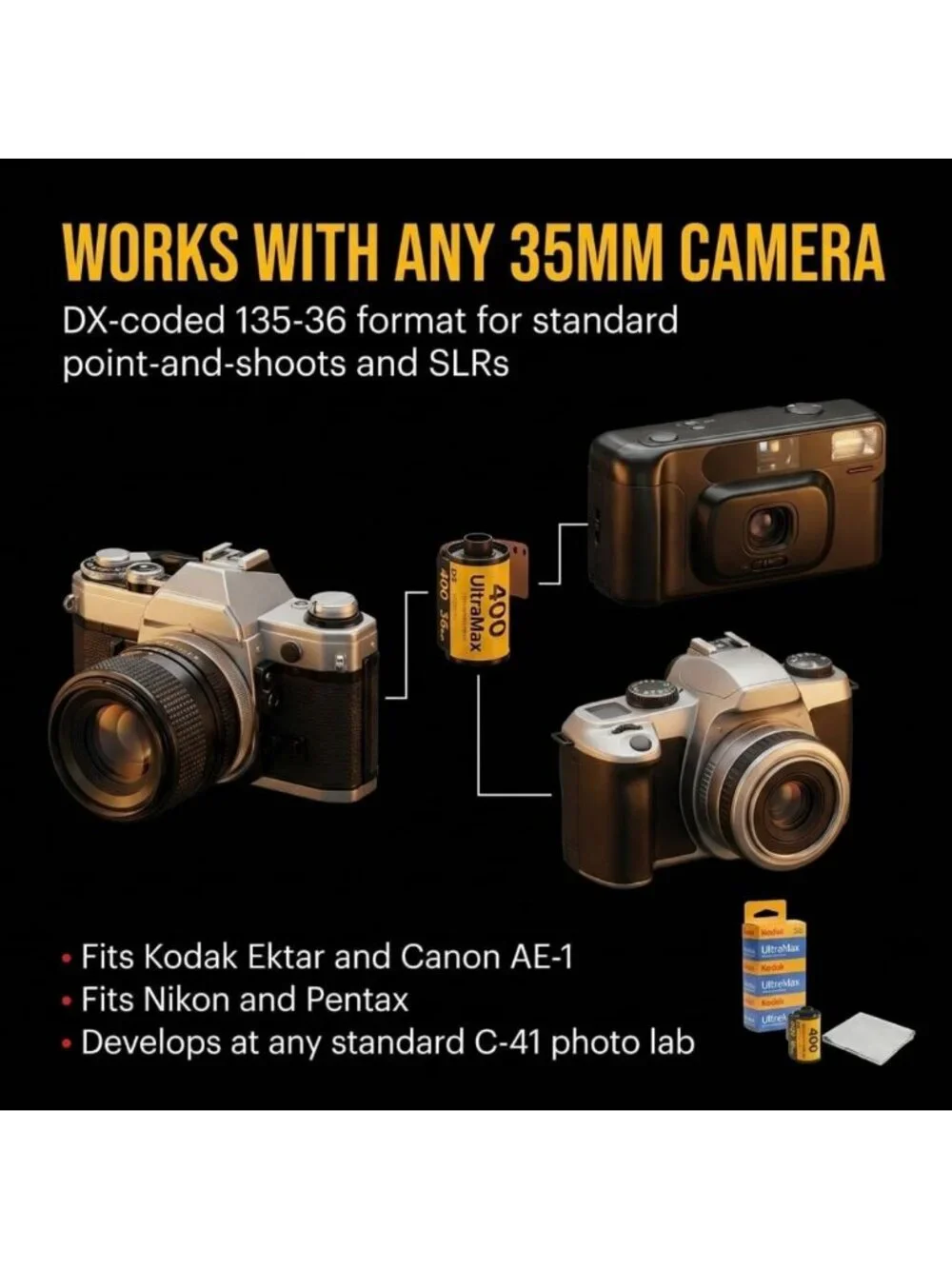 36 Exposure 35mm Color Negative Film - 3 Pack ISO 400 with Microfiber Cloth